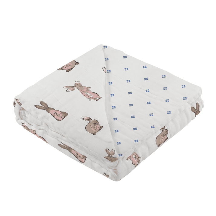 Powder Pink Bunnies and Periwinkle Diamond Polka Dot Bamboo Newcastle Blanket - The Little Big Store