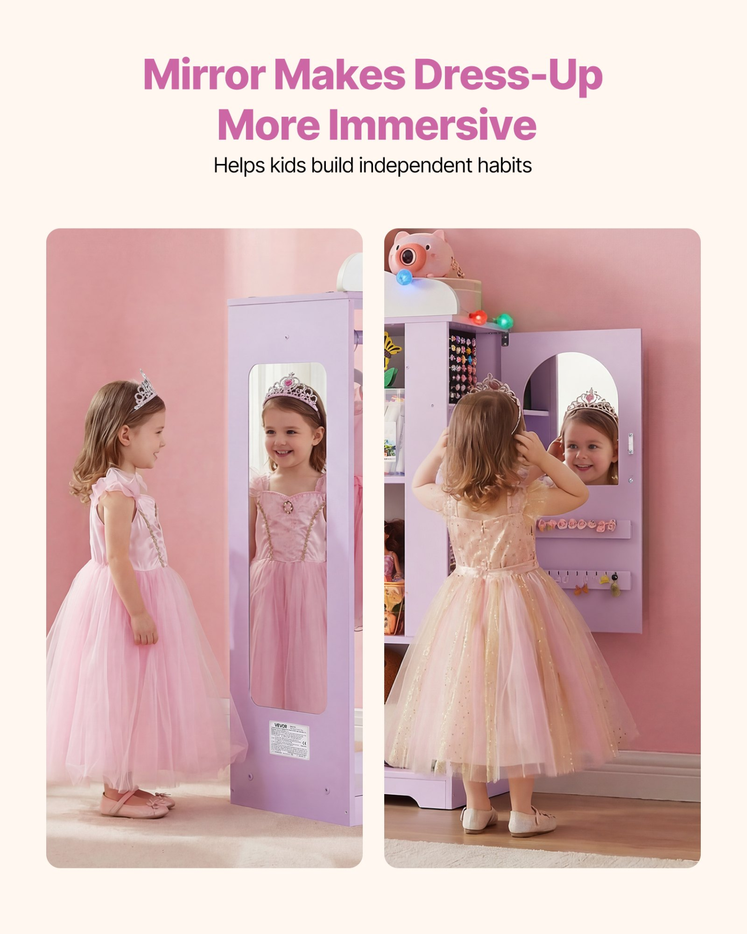 Kids Dress-Up Closet with Jewelry Cabinet – Princess Wardrobe Organizer (Purple)