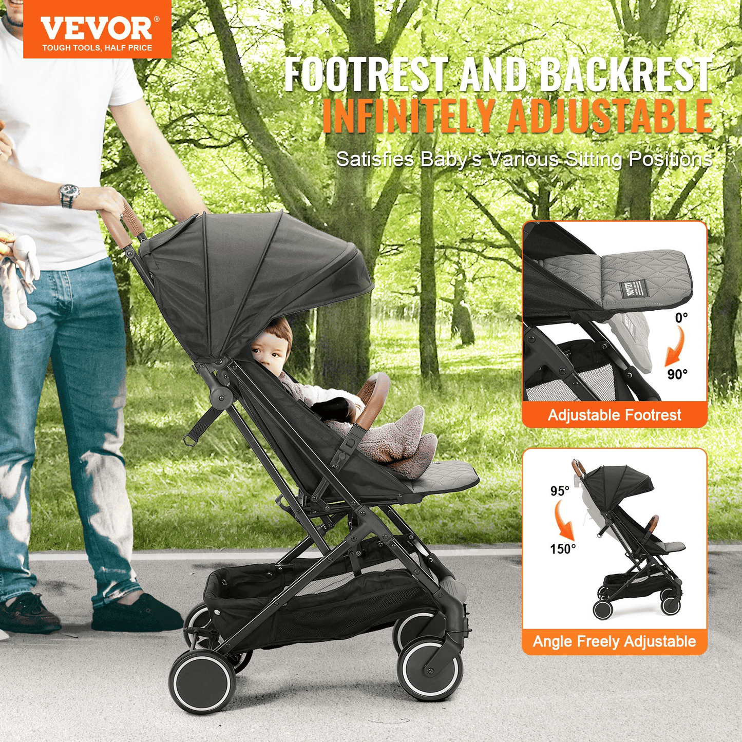 VEVOR Standard Baby Infant Stroller, Toddler Stroller with 95°-150° Adjustable Backrest & & 0/90°Adjustable Footrest & One-click Folding, Newborn Stroller with Cup Holder and Carry Bag, Black - The Little Big Store