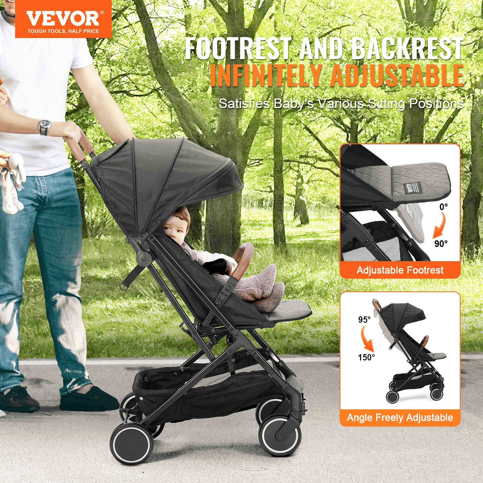 VEVOR Standard Baby Infant Stroller, Toddler Stroller with 95°-150° Adjustable Backrest & & 0/90°Adjustable Footrest & One-click Folding, Newborn Stroller with Cup Holder and Carry Bag, Black - The Little Big Store