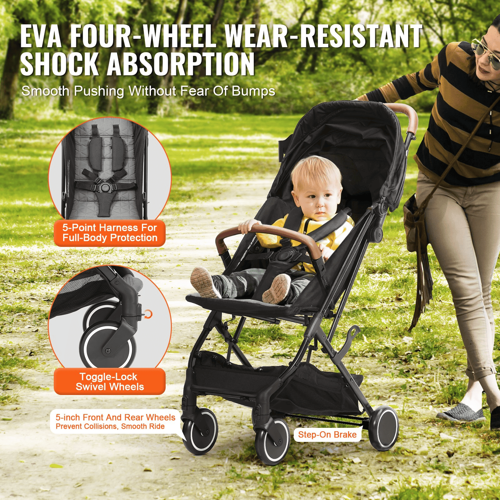 VEVOR Standard Baby Infant Stroller, Toddler Stroller with 95°-150° Adjustable Backrest & & 0/90°Adjustable Footrest & One-click Folding, Newborn Stroller with Cup Holder and Carry Bag, Black - The Little Big Store