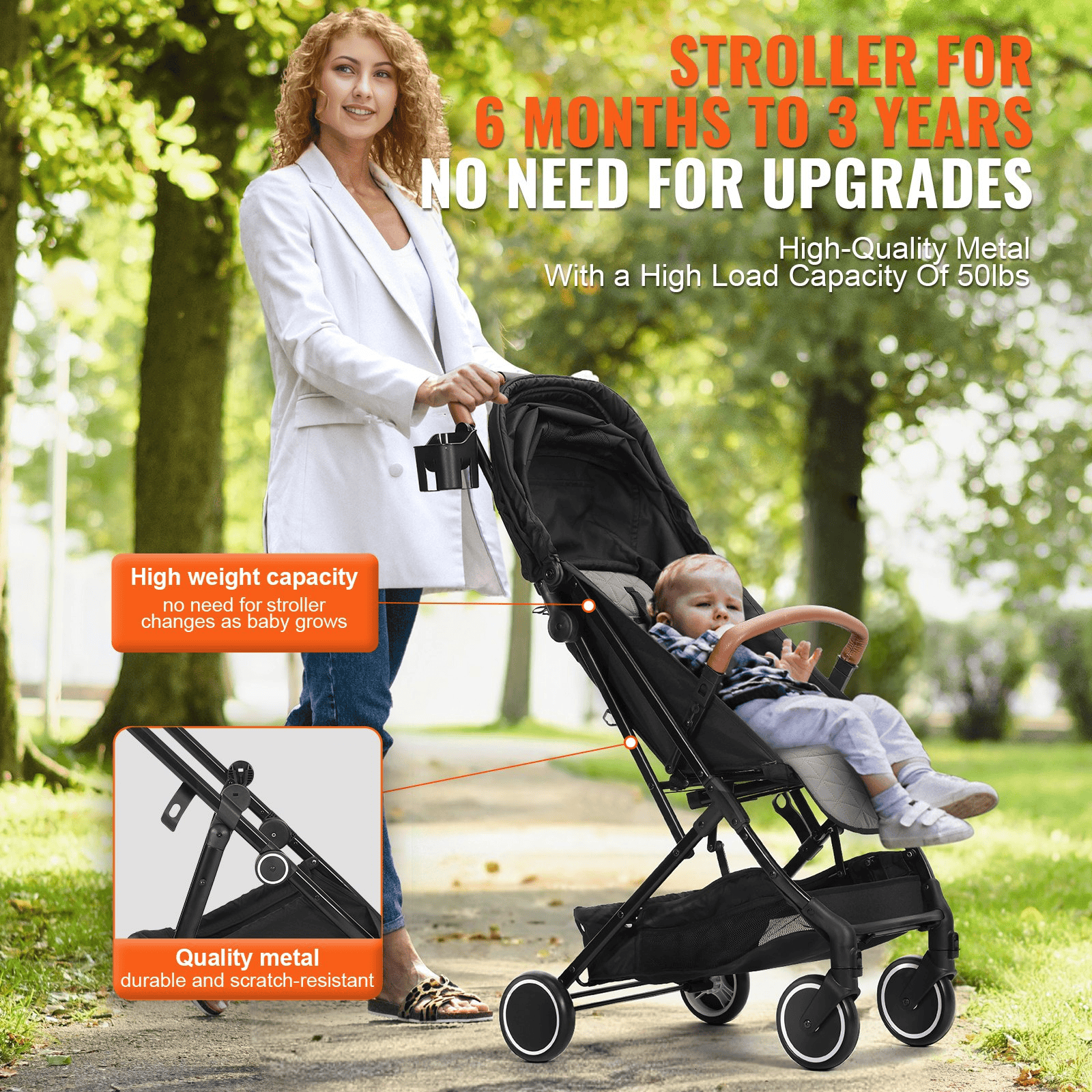VEVOR Standard Baby Infant Stroller, Toddler Stroller with 95°-150° Adjustable Backrest & & 0/90°Adjustable Footrest & One-click Folding, Newborn Stroller with Cup Holder and Carry Bag, Black - The Little Big Store