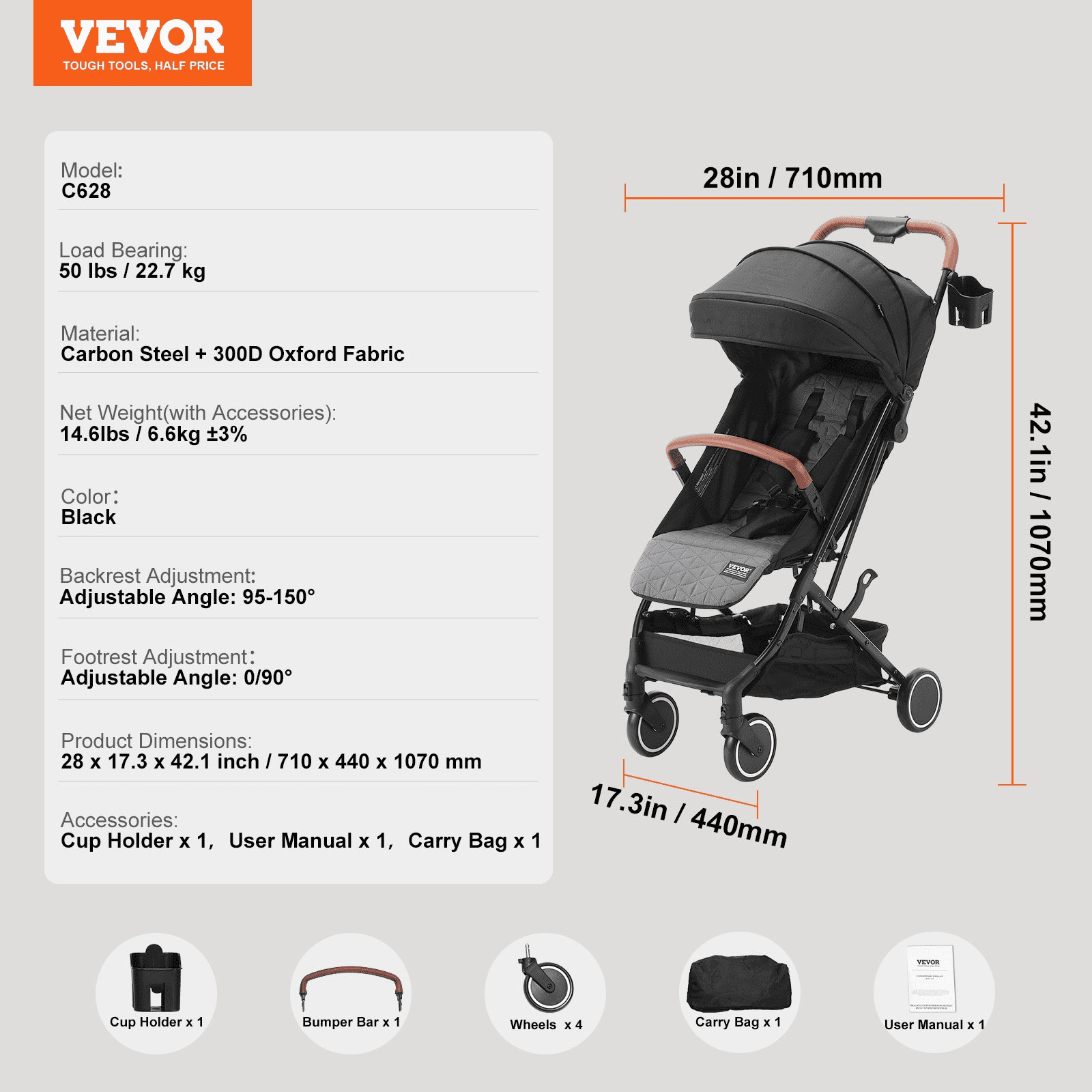 VEVOR Standard Baby Infant Stroller, Toddler Stroller with 95°-150° Adjustable Backrest & & 0/90°Adjustable Footrest & One-click Folding, Newborn Stroller with Cup Holder and Carry Bag, Black - The Little Big Store