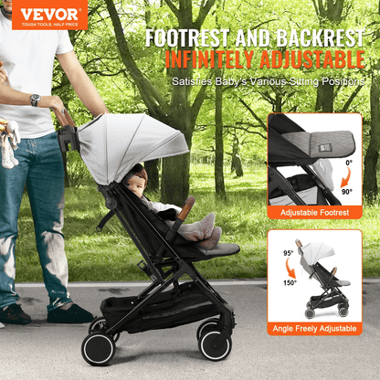 Standard Baby Infant Stroller, Toddler Stroller with 95°-150° Adjustable Backrest & & 0/90°Adjustable Footrest & One-click Folding, Newborn Stroller with Cup Holder and Carry Bag, Light Grey - The Little Big Store