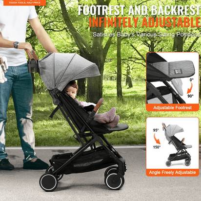 Standard Baby Infant Stroller, Toddler Stroller with 95°-150° Adjustable Backrest & & 0/90°Adjustable Footrest & One-click Folding, Newborn Stroller with Cup Holder and Carry Bag, Dark Grey - The Little Big Store