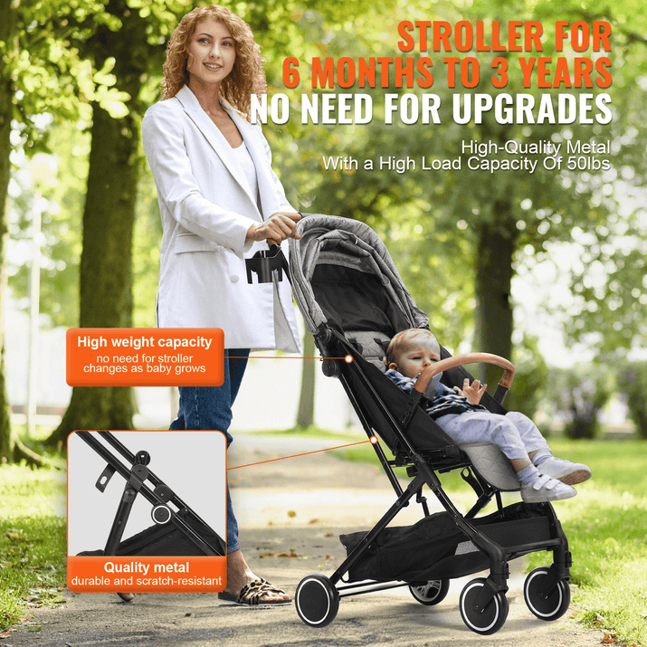 Standard Baby Infant Stroller, Toddler Stroller with 95°-150° Adjustable Backrest & & 0/90°Adjustable Footrest & One-click Folding, Newborn Stroller with Cup Holder and Carry Bag, Dark Grey - The Little Big Store