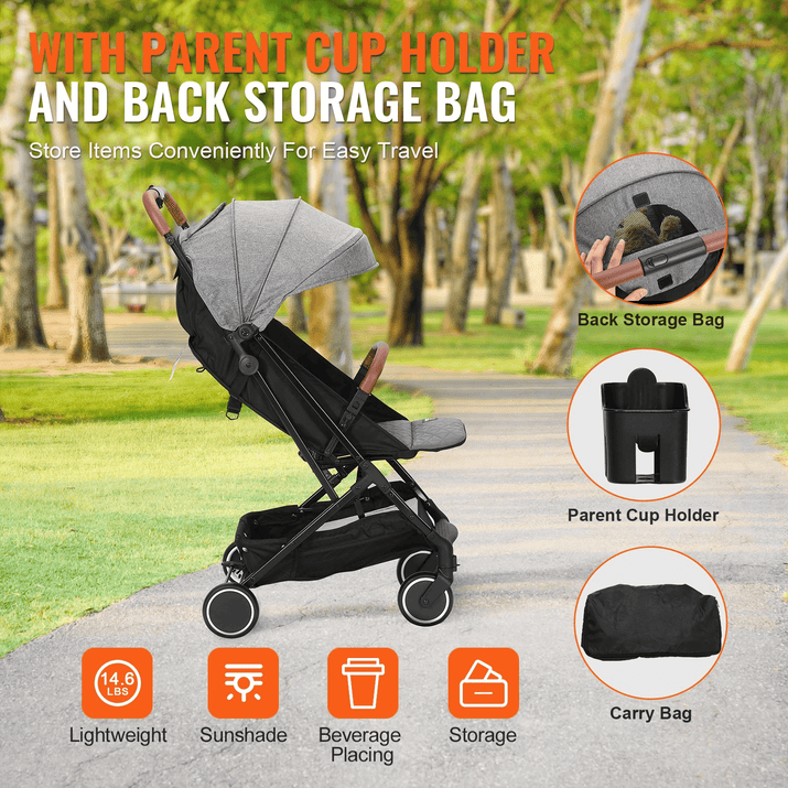 Standard Baby Infant Stroller, Toddler Stroller with 95°-150° Adjustable Backrest & & 0/90°Adjustable Footrest & One-click Folding, Newborn Stroller with Cup Holder and Carry Bag, Dark Grey - The Little Big Store