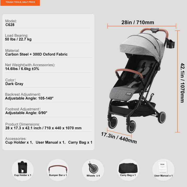 Standard Baby Infant Stroller, Toddler Stroller with 95°-150° Adjustable Backrest & & 0/90°Adjustable Footrest & One-click Folding, Newborn Stroller with Cup Holder and Carry Bag, Dark Grey - The Little Big Store