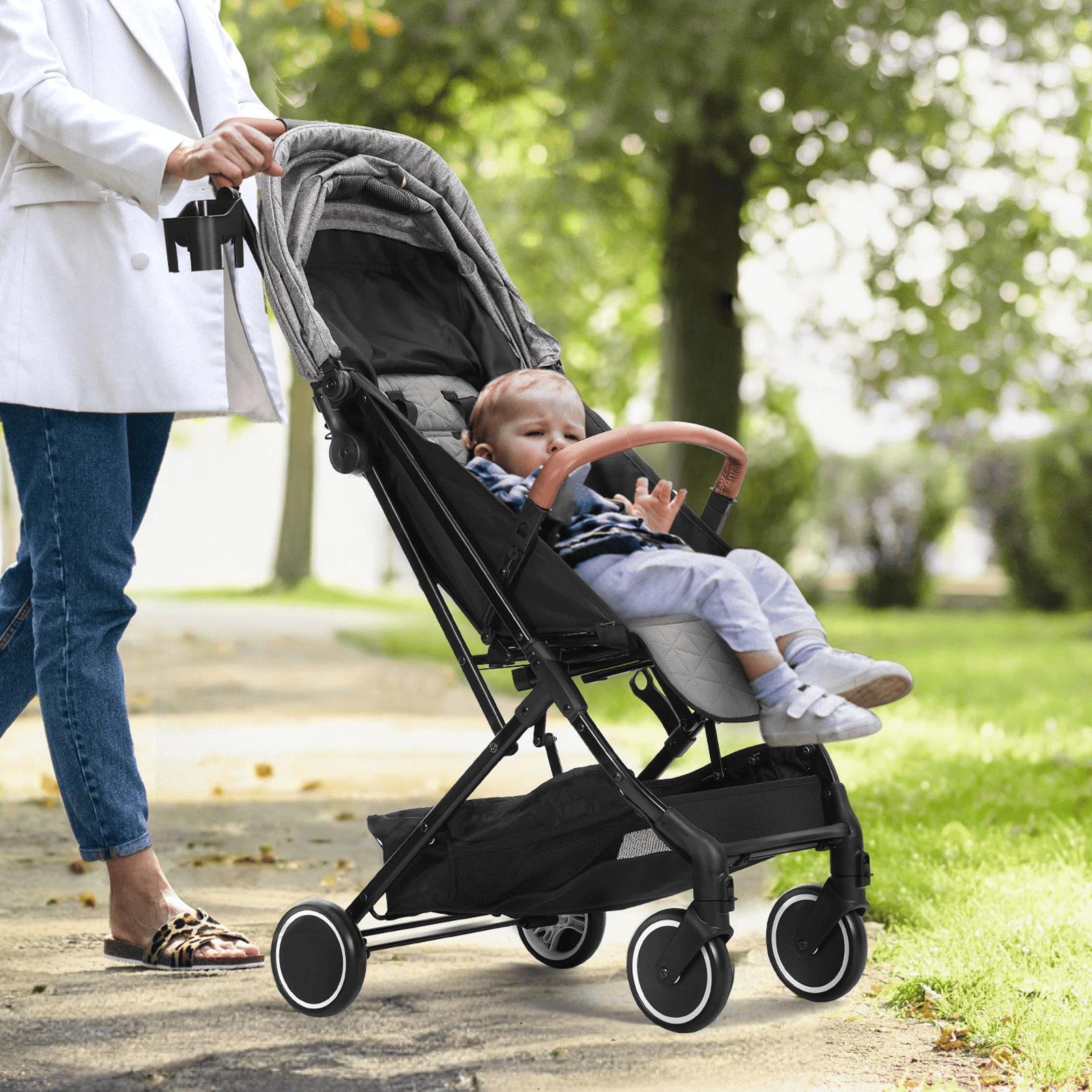 Standard Baby Infant Stroller, Toddler Stroller with 95°-150° Adjustable Backrest & & 0/90°Adjustable Footrest & One-click Folding, Newborn Stroller with Cup Holder and Carry Bag, Dark Grey - The Little Big Store