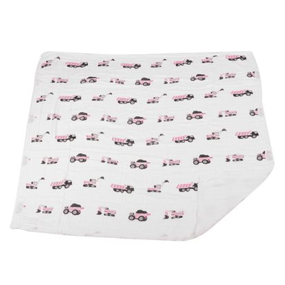 Pink Digger and White Bamboo Muslin Newcastle Blanket - The Little Big Store