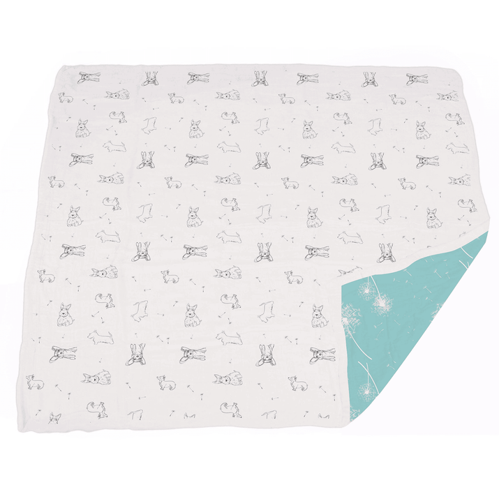 Corgi and Dandelion Seeds Bamboo Muslin Newcastle Blanket - The Little Big Store