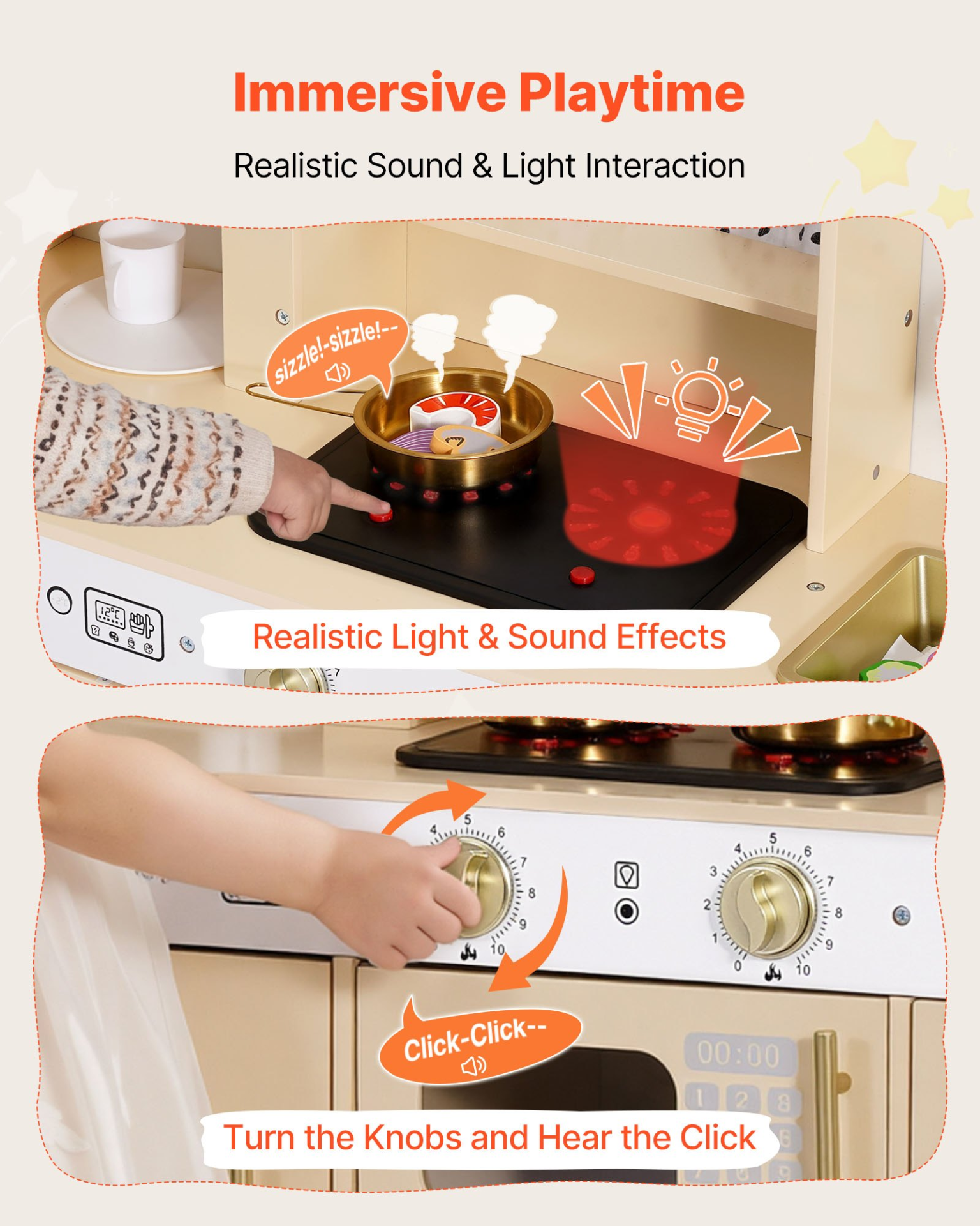 VEVOR Play Kitchen for Kids, Wooden, Kids Kitchen Playset with Realistic Lights & Sounds, Food & Cookware, Modern Style Pretend Play Toy Set, Ice Maker, Microwave, for Toddlers, Girls & Boys Ages 3-8