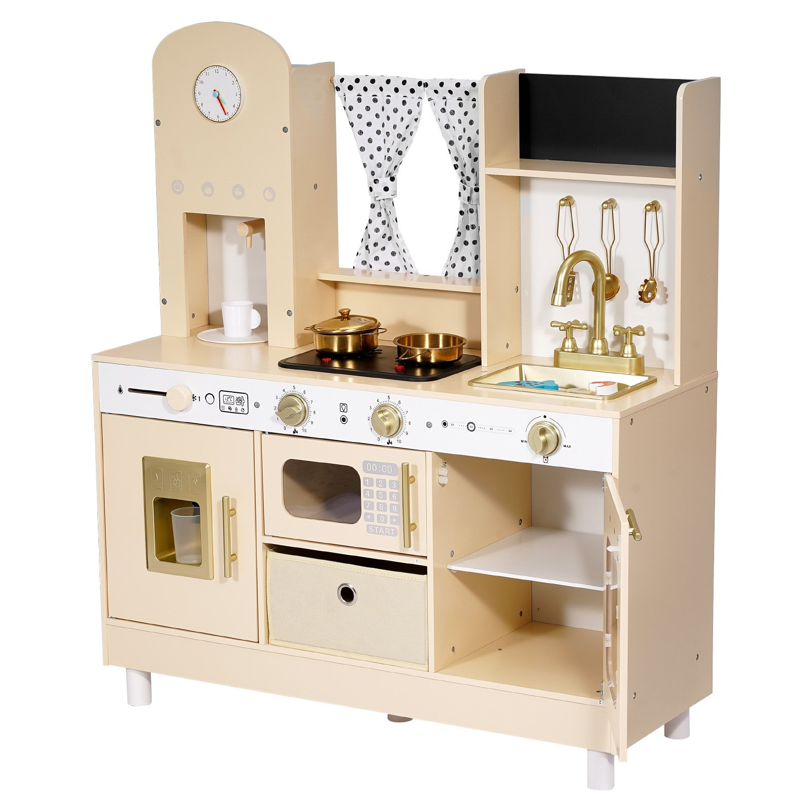 VEVOR Play Kitchen for Kids, Wooden, Kids Kitchen Playset with Realistic Lights & Sounds, Food & Cookware, Modern Style Pretend Play Toy Set, Ice Maker, Microwave, for Toddlers, Girls & Boys Ages 3-8