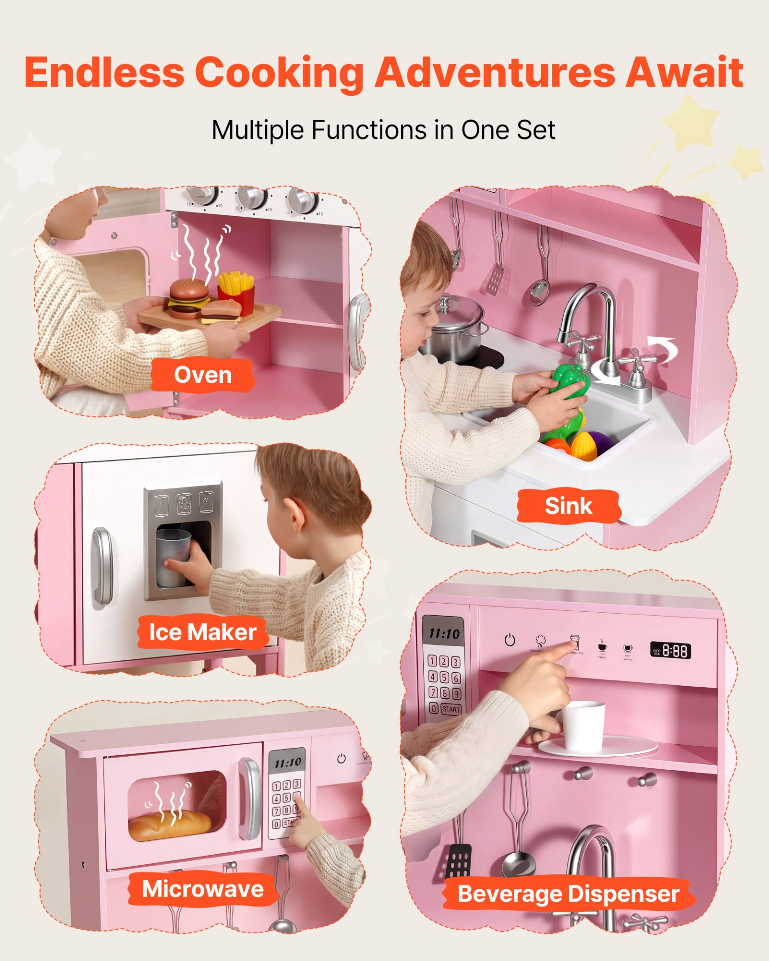 VEVOR Play Kitchen for Kids, Wooden, Kids Kitchen Playset with Real Lights & Sounds, Food & Cookware, Pretend Play Toy Set, Microwave, Oven, Clicking Knobs, for Toddlers, Girls & Boys Ages 3-8, Pink