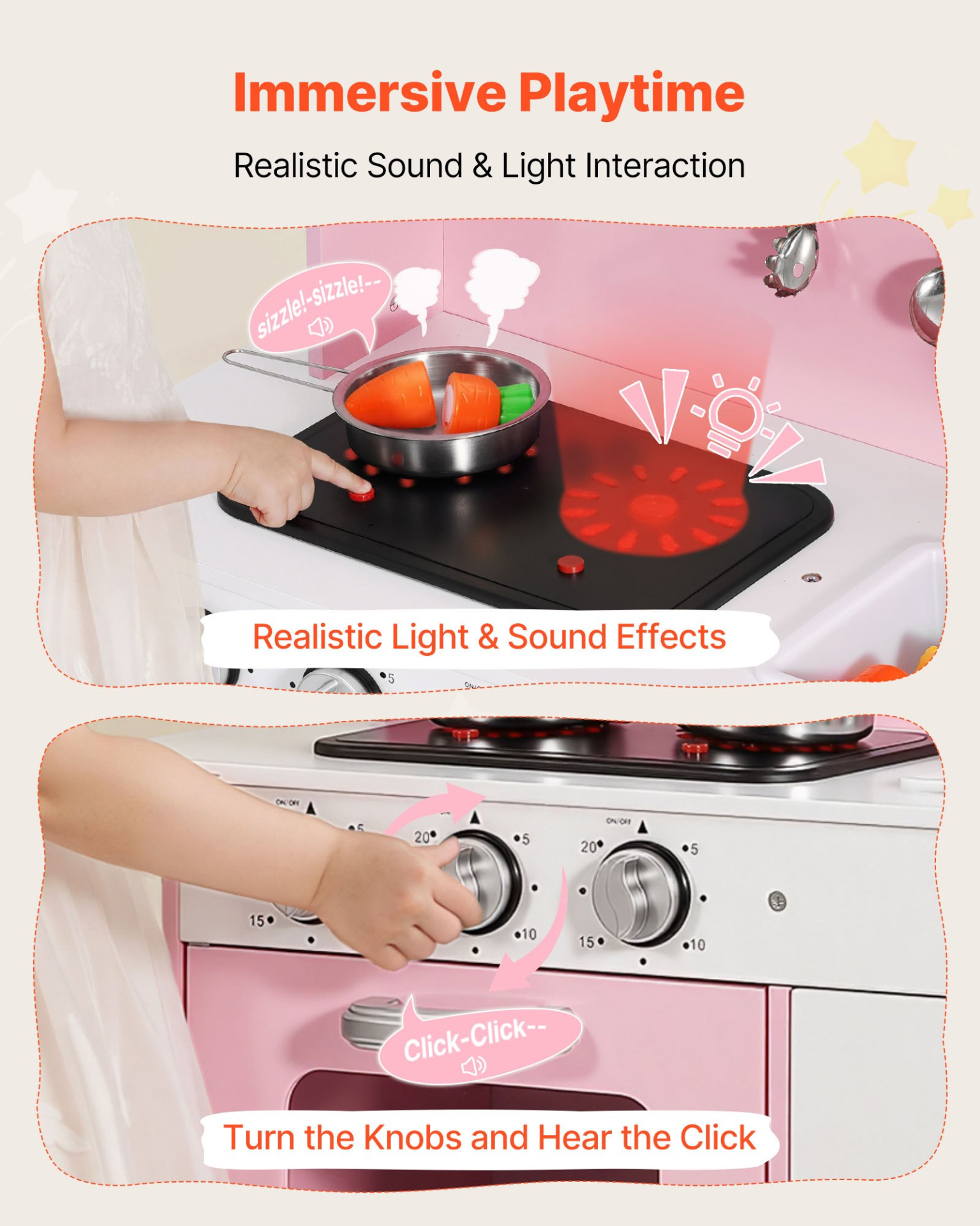 VEVOR Play Kitchen for Kids, Wooden, Kids Kitchen Playset with Real Lights & Sounds, Food & Cookware, Pretend Play Toy Set, Microwave, Oven, Clicking Knobs, for Toddlers, Girls & Boys Ages 3-8, Pink