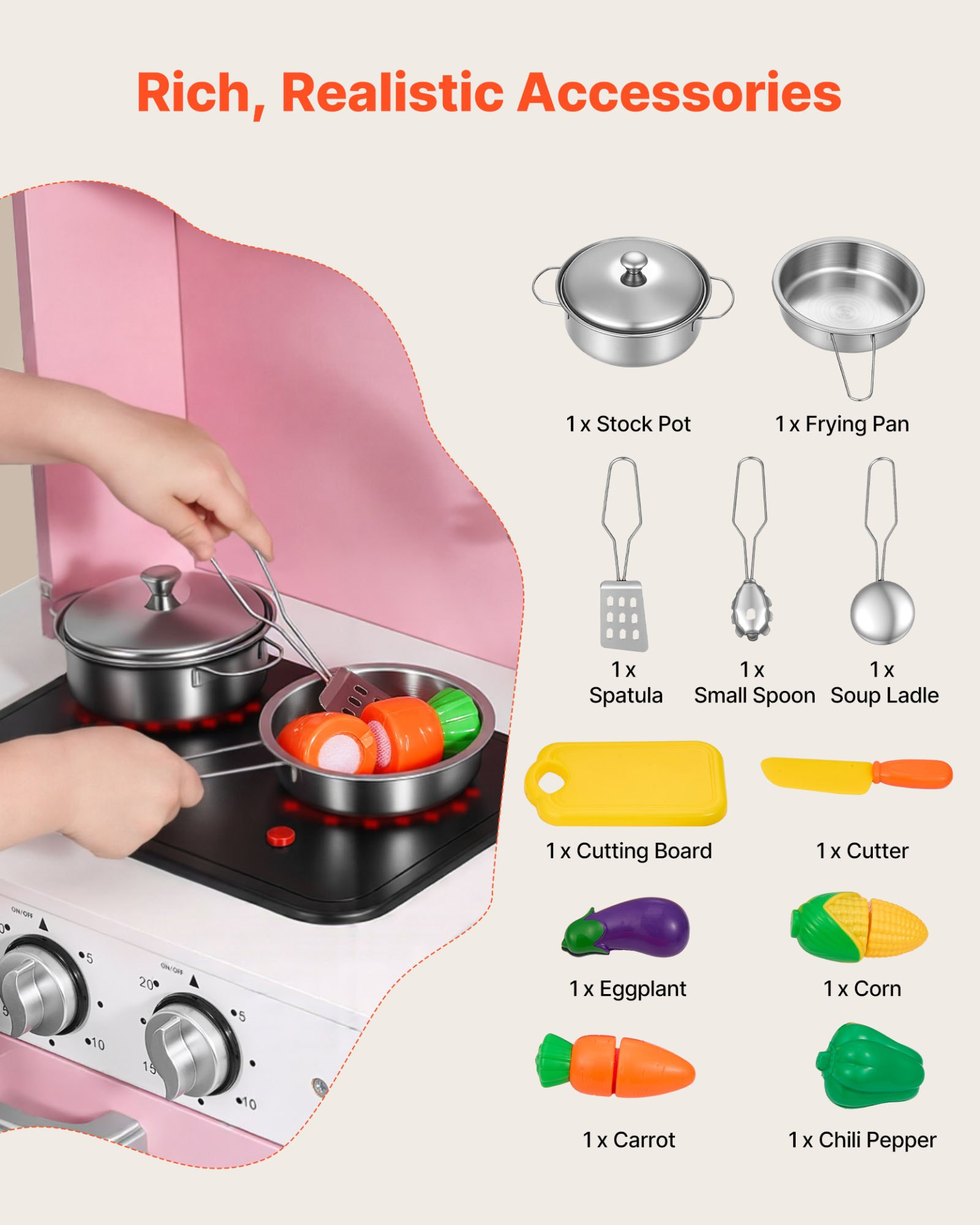 VEVOR Play Kitchen for Kids, Wooden, Kids Kitchen Playset with Real Lights & Sounds, Food & Cookware, Pretend Play Toy Set, Microwave, Oven, Clicking Knobs, for Toddlers, Girls & Boys Ages 3-8, Pink