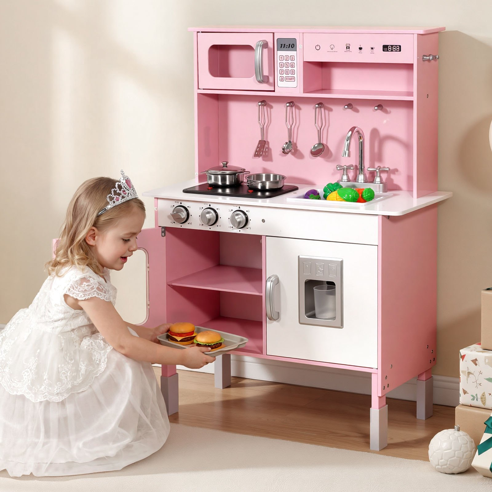 VEVOR Play Kitchen for Kids, Wooden, Kids Kitchen Playset with Real Lights & Sounds, Food & Cookware, Pretend Play Toy Set, Microwave, Oven, Clicking Knobs, for Toddlers, Girls & Boys Ages 3-8, Pink