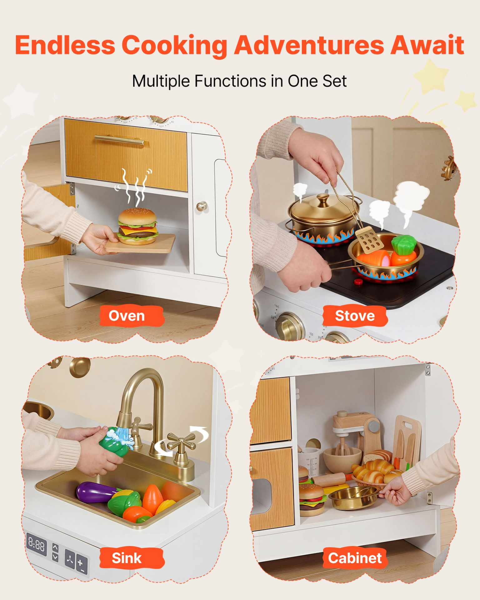 VEVOR Play Kitchen for Kids, Wooden, Kids Kitchen Playset with Real Lights & Sounds, Food & Cookware Accessories, Pretend Play Toy Set, Sink, Oven, Stove, Cabinet, for Toddlers, Girls & Boys Ages 3-8