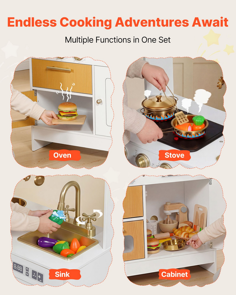 Wooden Play Kitchen Set – Interactive Kids Pretend Cooking Kitchen with Real Lights & Sounds, Sink, Oven, Stove & Accessories for Ages 3-8