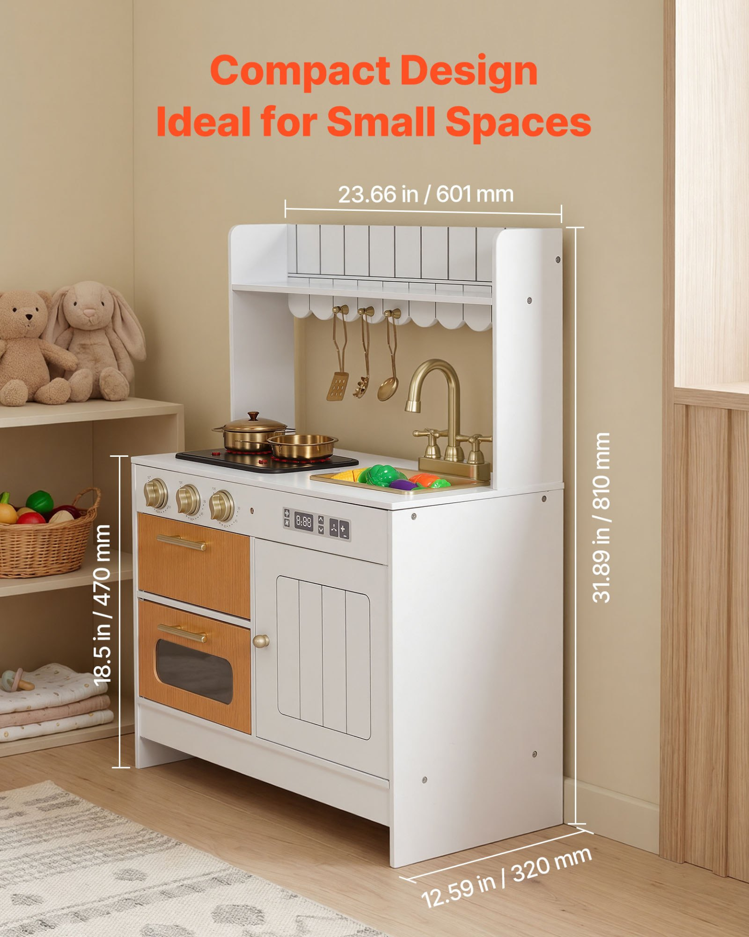 VEVOR Play Kitchen for Kids, Wooden, Kids Kitchen Playset with Real Lights & Sounds, Food & Cookware Accessories, Pretend Play Toy Set, Sink, Oven, Stove, Cabinet, for Toddlers, Girls & Boys Ages 3-8