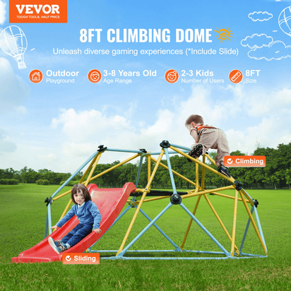 VEVOR Climbing Dome, for Kids 3 to 9 Years Old, 8FT Geometric Dome Climber with Slide,Jungle Gym Supports 600LBS and Easy Assembly, with Climbing Grip, Outdoor and Indoor Play Equipment for Kids - The Little Big Store