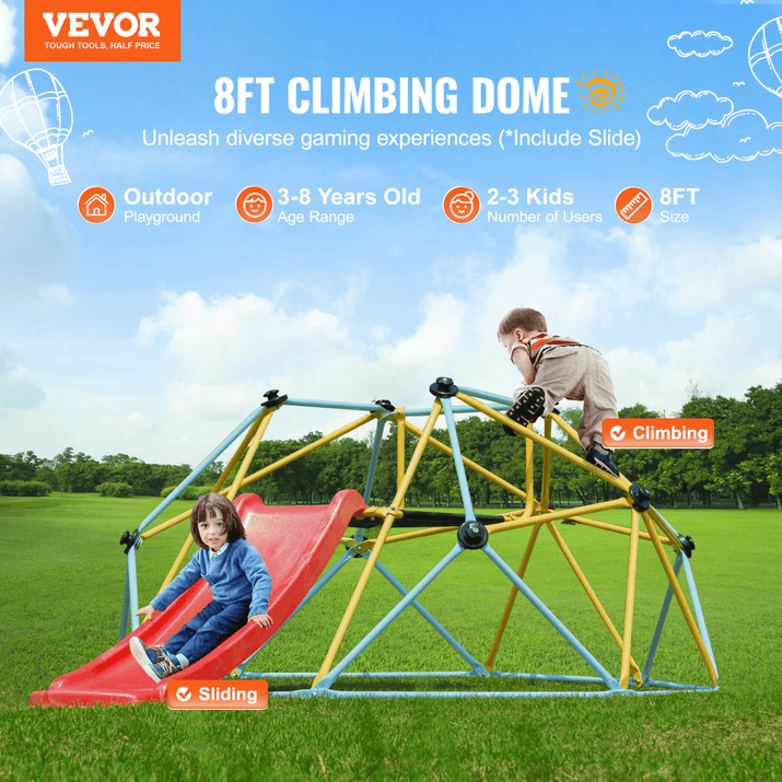 VEVOR Climbing Dome, for Kids 3 to 9 Years Old, 8FT Geometric Dome Climber with Slide,Jungle Gym Supports 600LBS and Easy Assembly, with Climbing Grip, Outdoor and Indoor Play Equipment for Kids - The Little Big Store