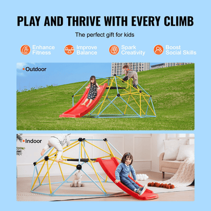 VEVOR Climbing Dome, for Kids 3 to 9 Years Old, 8FT Geometric Dome Climber with Slide,Jungle Gym Supports 600LBS and Easy Assembly, with Climbing Grip, Outdoor and Indoor Play Equipment for Kids - The Little Big Store
