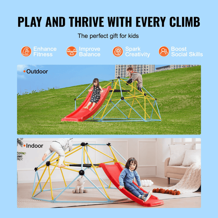 VEVOR Climbing Dome, for Kids 3 to 9 Years Old, 8FT Geometric Dome Climber with Slide,Jungle Gym Supports 600LBS and Easy Assembly, with Climbing Grip, Outdoor and Indoor Play Equipment for Kids - The Little Big Store