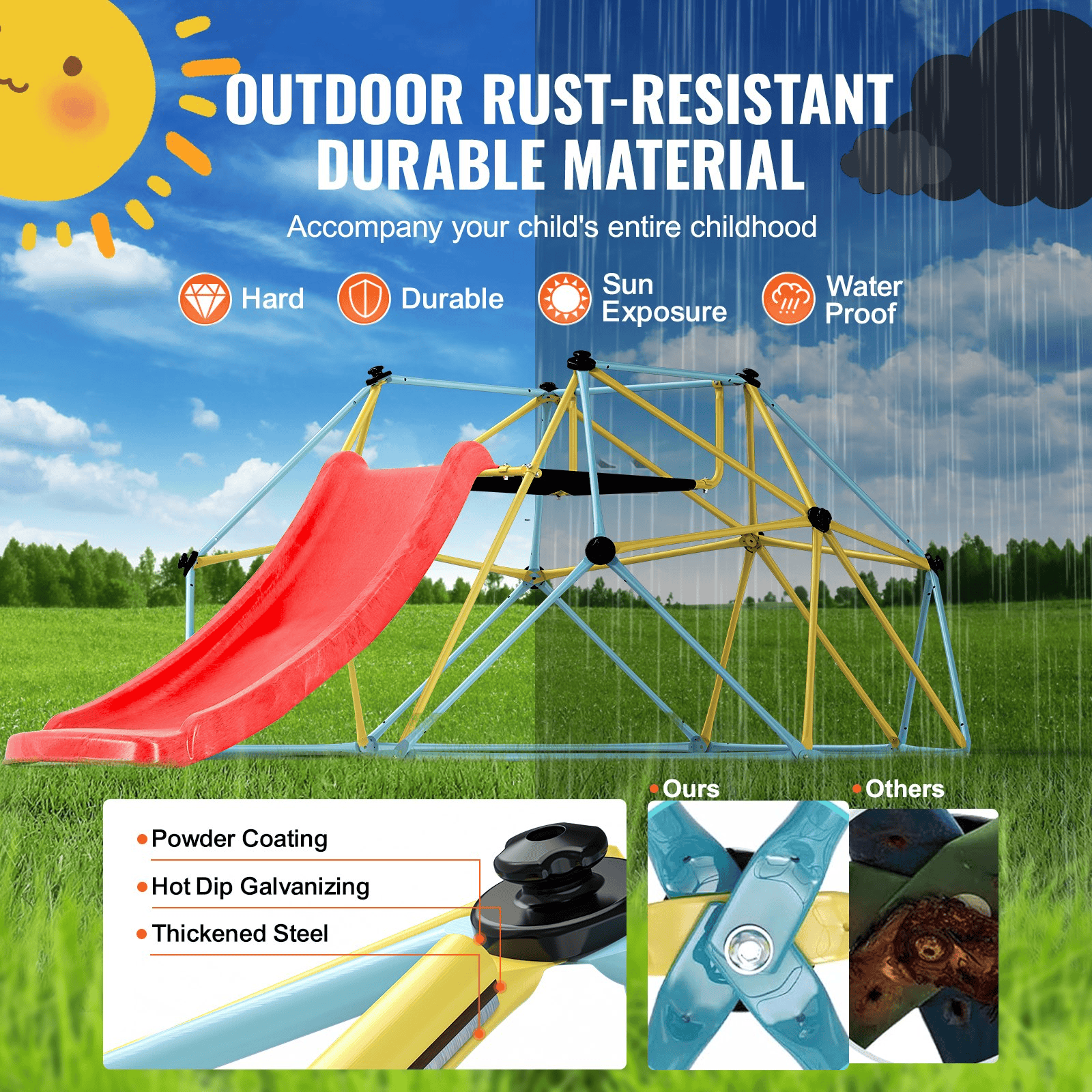 VEVOR Climbing Dome, for Kids 3 to 9 Years Old, 8FT Geometric Dome Climber with Slide,Jungle Gym Supports 600LBS and Easy Assembly, with Climbing Grip, Outdoor and Indoor Play Equipment for Kids - The Little Big Store
