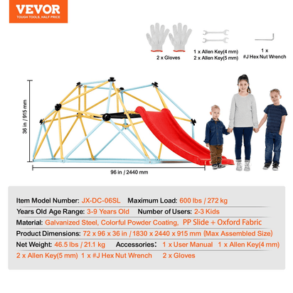 VEVOR Climbing Dome, for Kids 3 to 9 Years Old, 8FT Geometric Dome Climber with Slide,Jungle Gym Supports 600LBS and Easy Assembly, with Climbing Grip, Outdoor and Indoor Play Equipment for Kids - The Little Big Store
