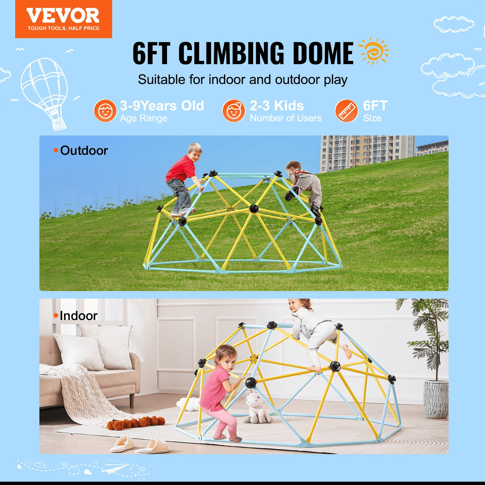 VEVOR Climbing Dome, Jungle Gym Supports 600LBS and Easy Assembly, 6FT Geometric Dome Climber Play Center for Kids 3 to 9 Years Old, with Climbing Grip, Outdoor and Indoor Play Equipment for Kids - The Little Big Store