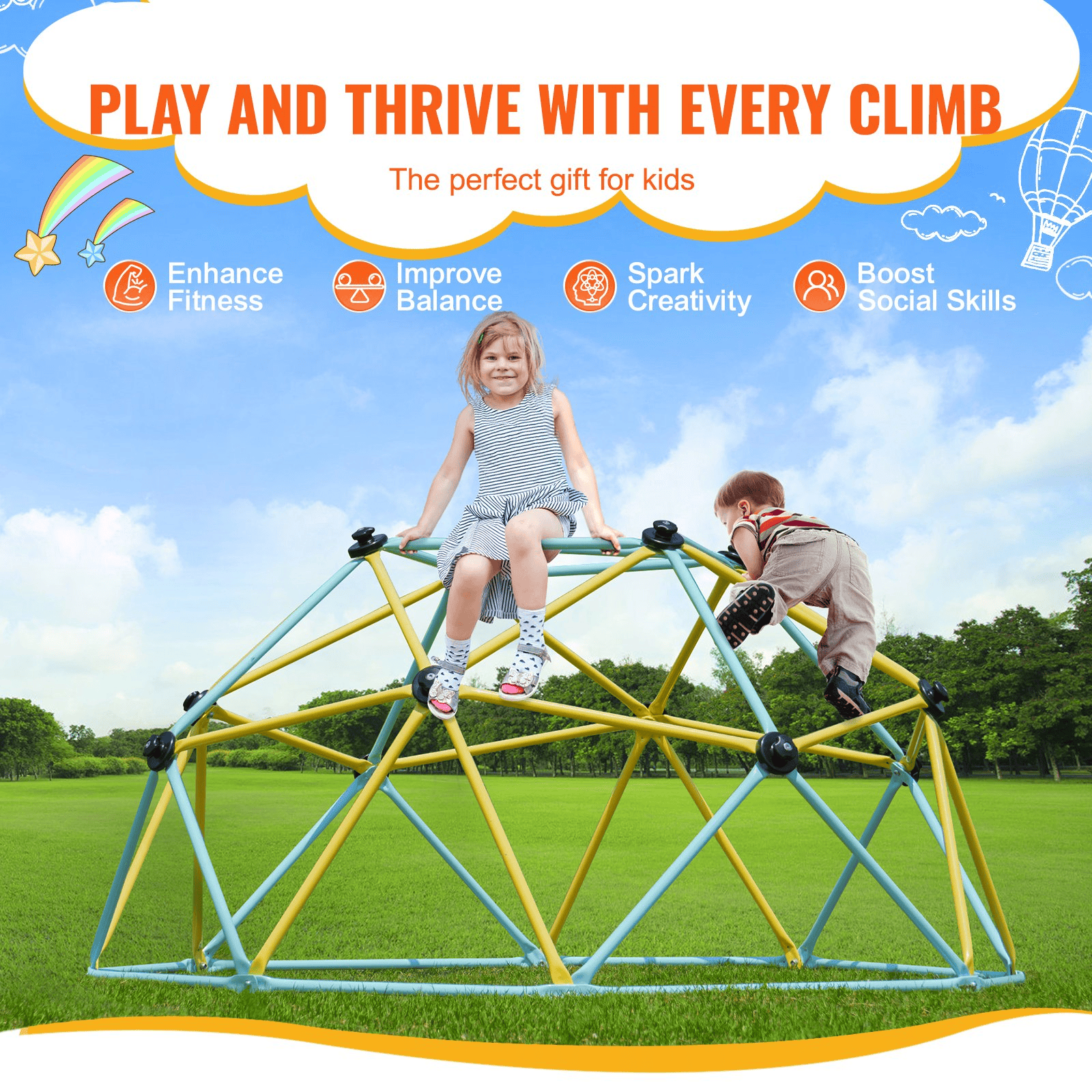 VEVOR Climbing Dome, Jungle Gym Supports 600LBS and Easy Assembly, 6FT Geometric Dome Climber Play Center for Kids 3 to 9 Years Old, with Climbing Grip, Outdoor and Indoor Play Equipment for Kids - The Little Big Store