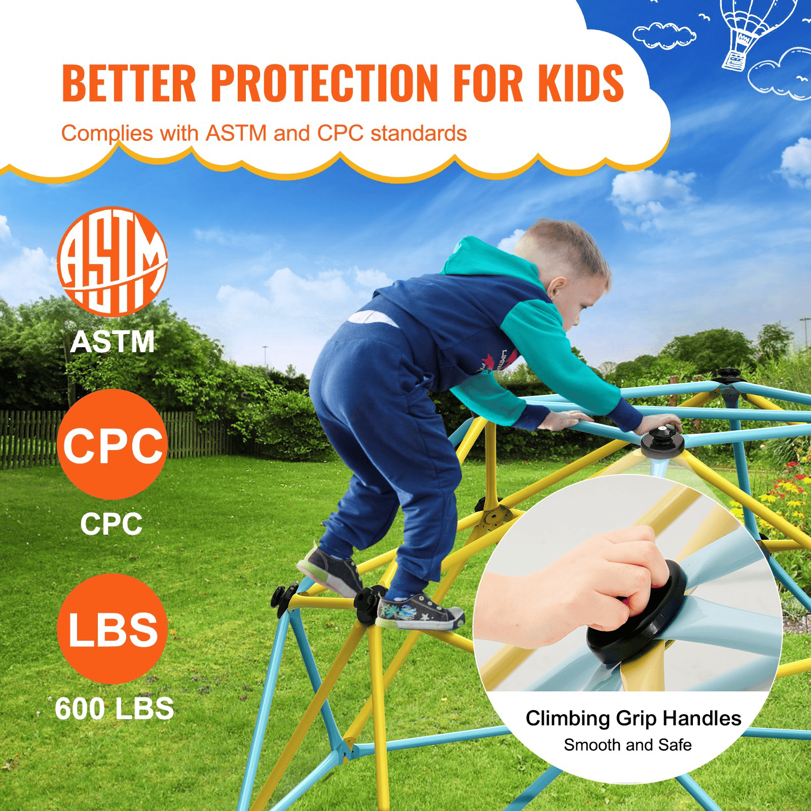 VEVOR Climbing Dome, Jungle Gym Supports 600LBS and Easy Assembly, 6FT Geometric Dome Climber Play Center for Kids 3 to 9 Years Old, with Climbing Grip, Outdoor and Indoor Play Equipment for Kids - The Little Big Store