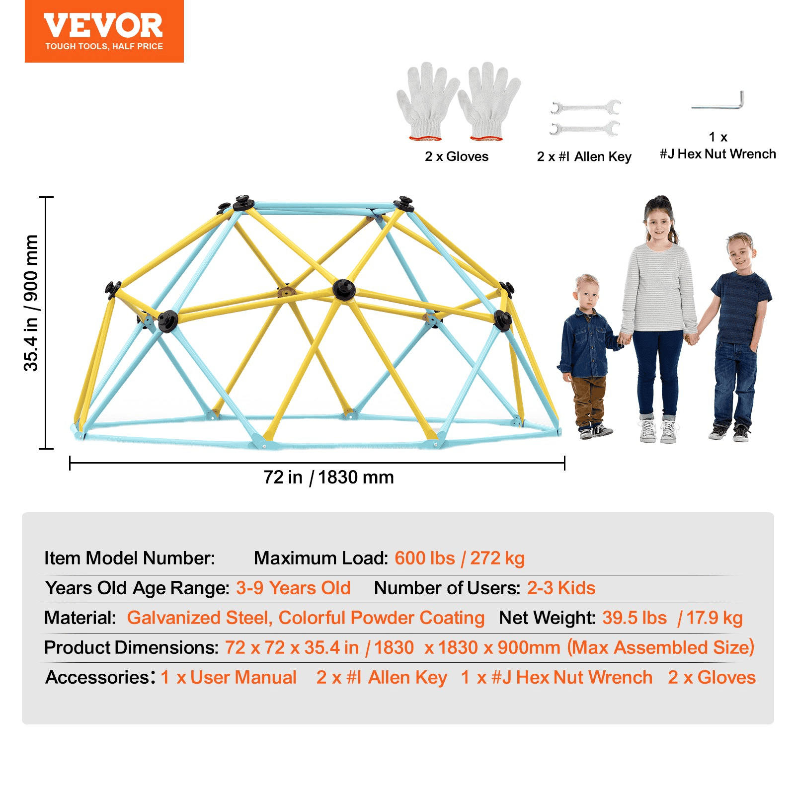 VEVOR Climbing Dome, Jungle Gym Supports 600LBS and Easy Assembly, 6FT Geometric Dome Climber Play Center for Kids 3 to 9 Years Old, with Climbing Grip, Outdoor and Indoor Play Equipment for Kids - The Little Big Store