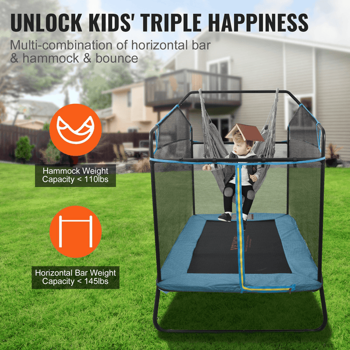 VEVOR 6FT Trampoline for Kids, 72" Indoor/Outdoor Toddlers Trampoline, Mini Baby Trampoline with Safety Enclosure Net, Gymnastics Bar, Hammock, Recreational Trampoline Birthday Gift for 3+ Years Kids - The Little Big Store