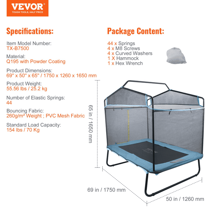 VEVOR 6FT Trampoline for Kids, 72" Indoor/Outdoor Toddlers Trampoline, Mini Baby Trampoline with Safety Enclosure Net, Gymnastics Bar, Hammock, Recreational Trampoline Birthday Gift for 3+ Years Kids - The Little Big Store