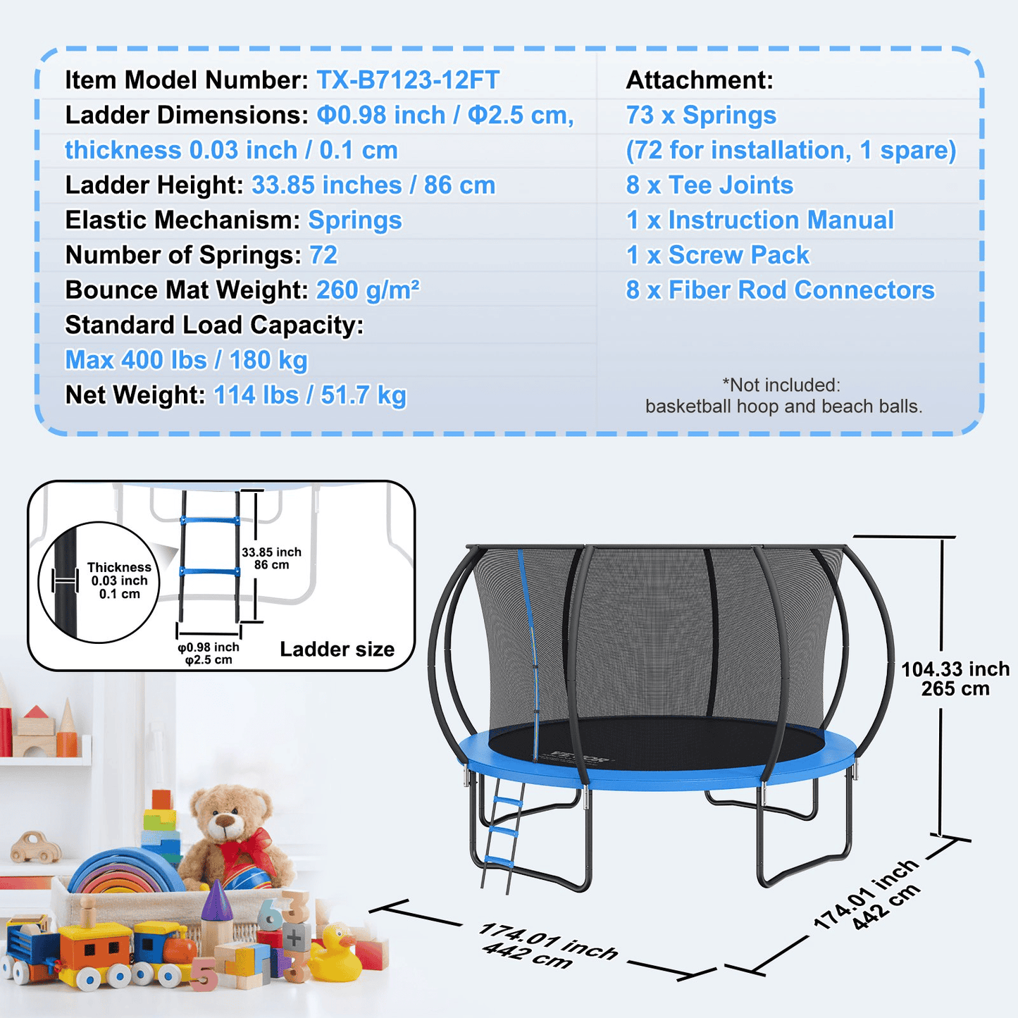 VEVOR 12FT Trampoline, 400 lbs Trampoline with Enclosure Net, Ladder, and Curved Pole, Heavy Duty Trampoline with Jumping Mat and Spring Cover Padding, Outdoor Recreational Trampolines for Kids Adults - The Little Big Store