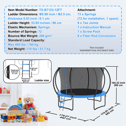 VEVOR 12FT Trampoline, 400 lbs Trampoline with Enclosure Net, Ladder, and Curved Pole, Heavy Duty Trampoline with Jumping Mat and Spring Cover Padding, Outdoor Recreational Trampolines for Kids Adults - The Little Big Store