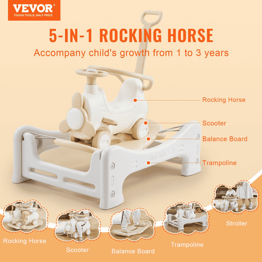 VEVOR 5 in 1 Rocking Horse for Toddlers 1-3 Years Ride on Toy with Trampoline - The Little Big Store
