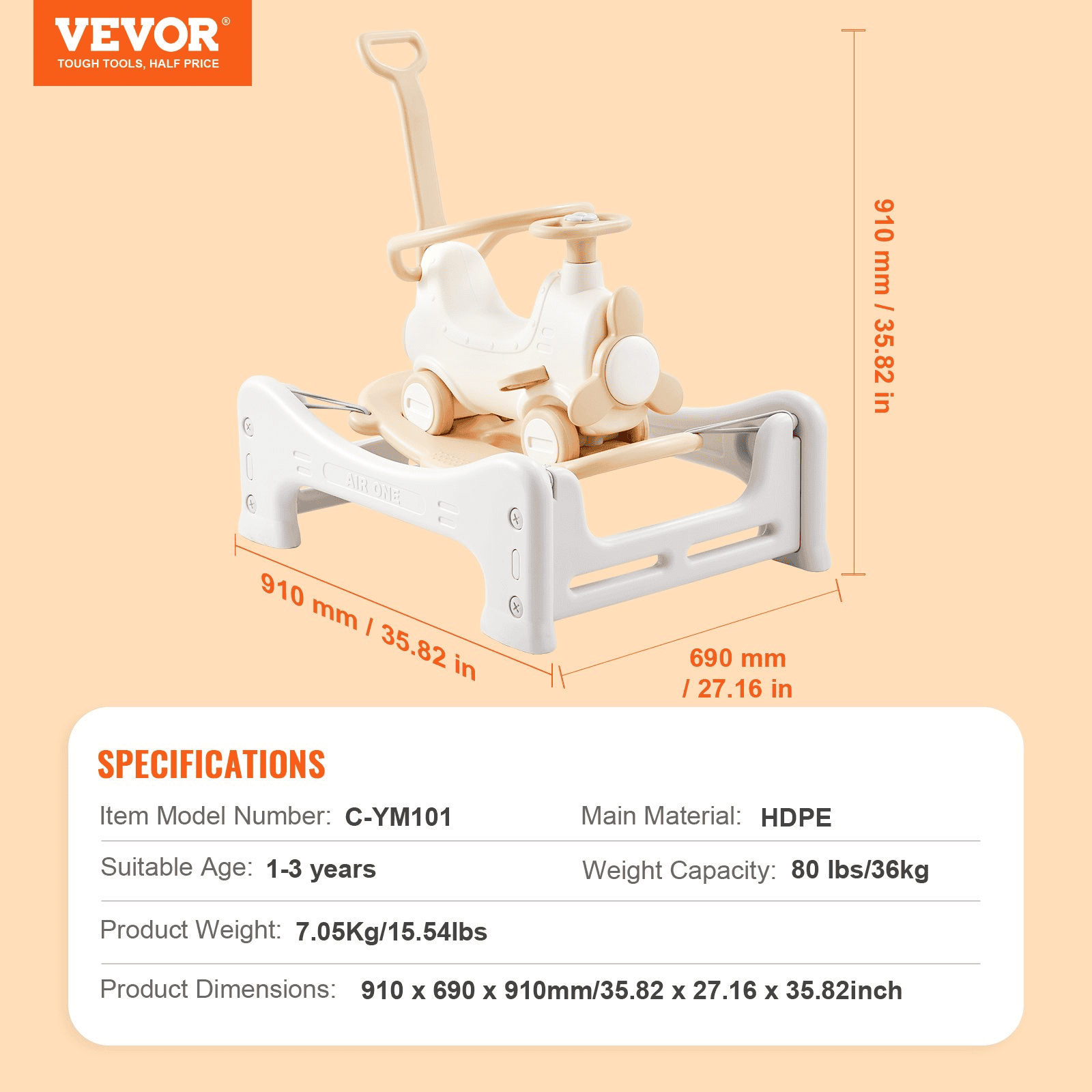 VEVOR 5 in 1 Rocking Horse for Toddlers 1-3 Years Ride on Toy with Trampoline - The Little Big Store