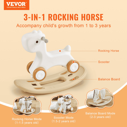 3 in 1 Rocking Horse for Toddlers 1-3 Years, Baby Rocking Horse with Detachable Balance Board and 4 Smooth Wheels, Support up to HDPE Material 80 lbs Kids Ride on Toy, 40° Swinging, White - The Little Big Store