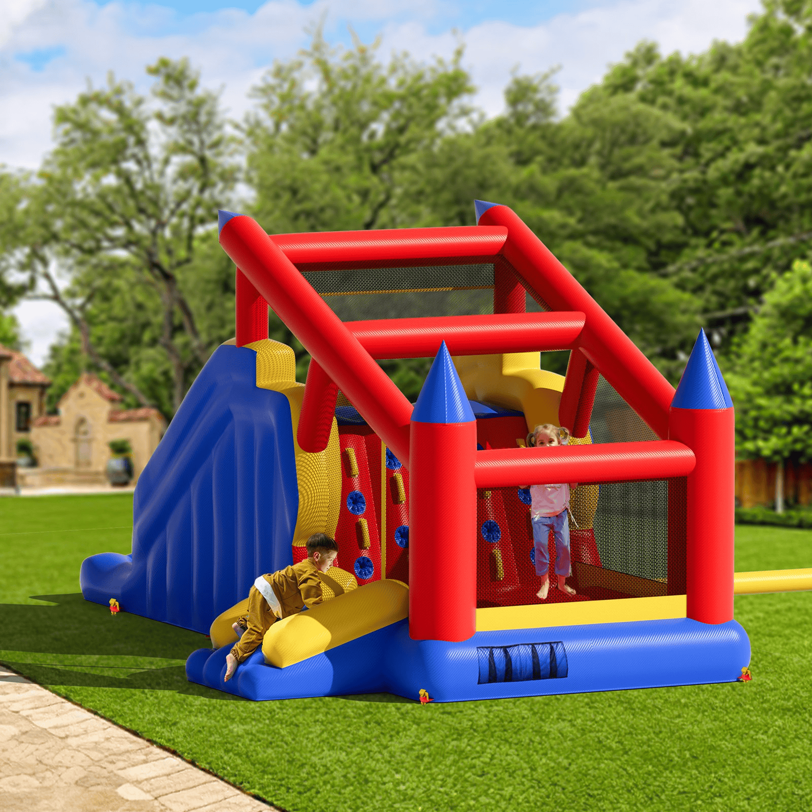 VEVOR Inflatable Bounce House, Outdoor High Quality Playhouse Trampoline, Jumping Bouncer with Blower, Slide, and Storage Bag, Family Backyard Bouncy Castle, for Kid Ages 3–8 Years, 183x102x92 inch
