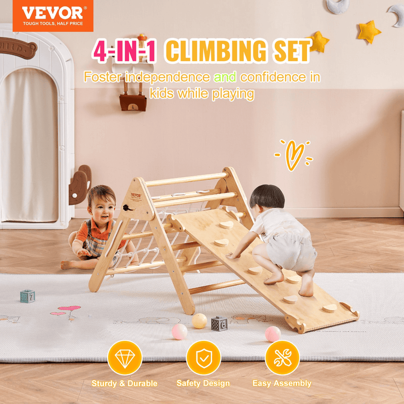 Pikler Triangle Set, 4 in 1 Toddler Climbing Toys Indoor Playground, Large Size Wooden Climbing Gym for Toddlers 1-3 Years, Montessori Climbing Set with Triangle and Ramp, Wood Color