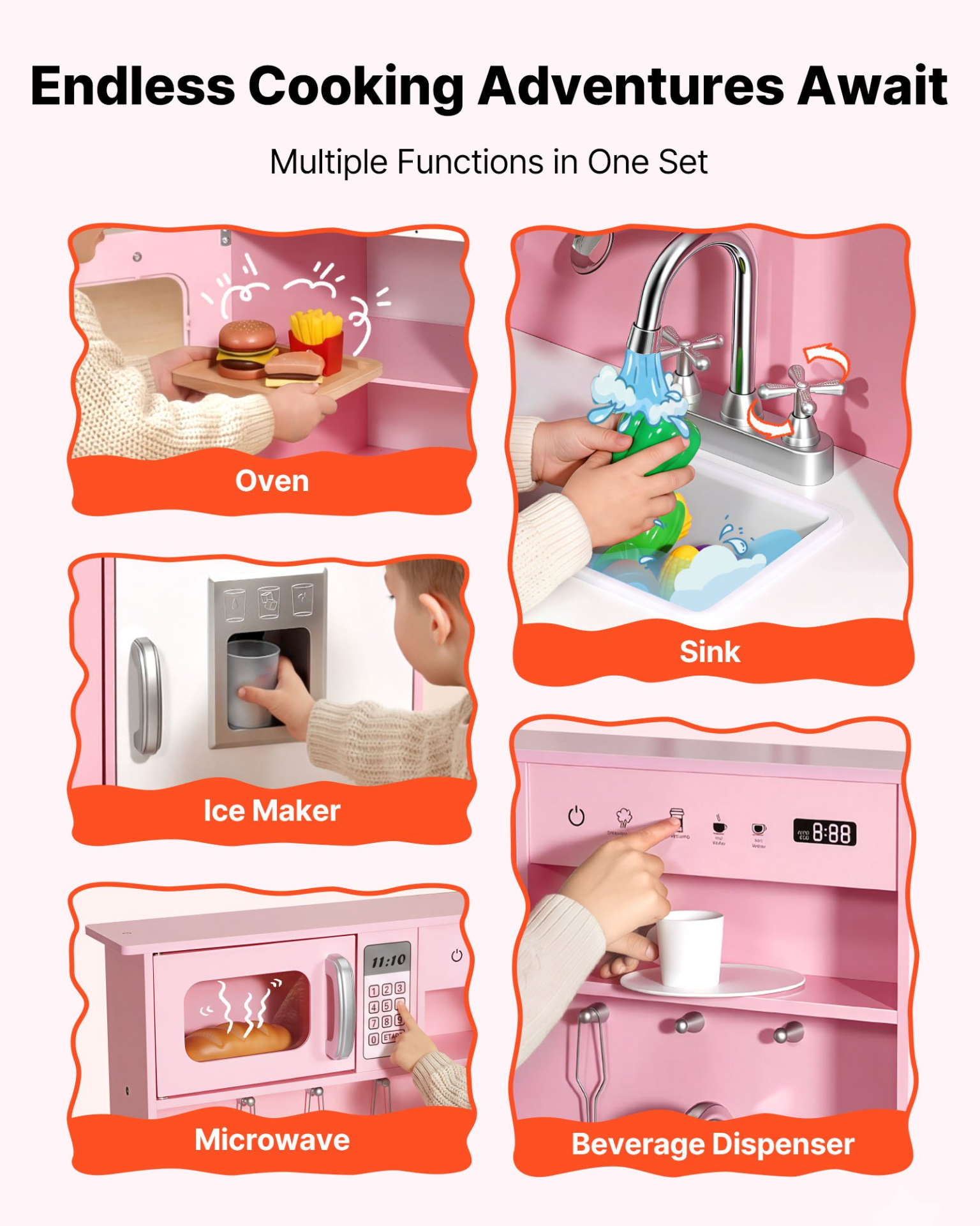 VEVOR Play Kitchen for Kids, Wooden, Kids Kitchen Playset with Real Lights & Sounds, Food & Cookware, Pretend Play Toy Set, Microwave, Oven, Clicking Knobs, for Toddlers, Girls & Boys Ages 3-8, Pink
