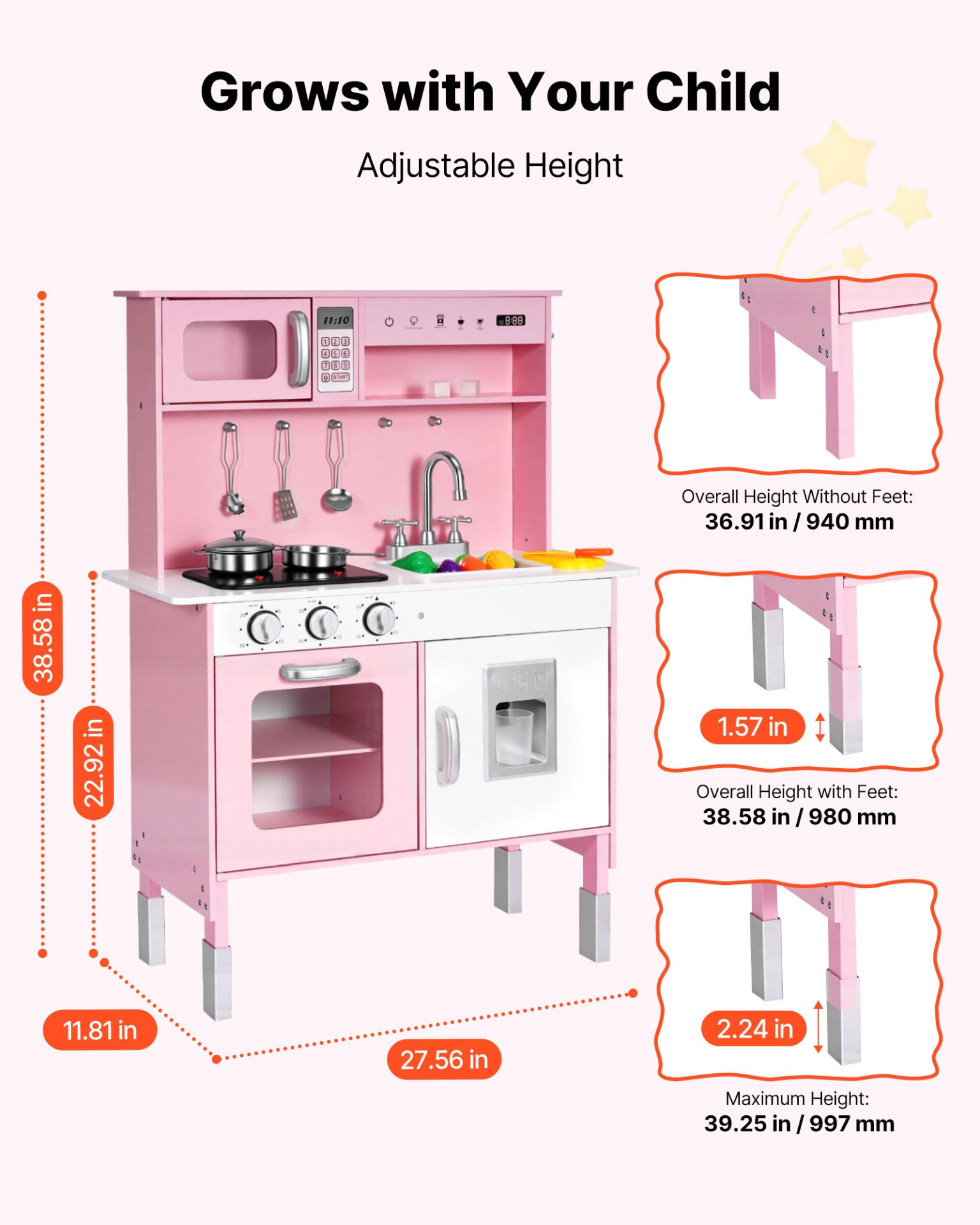VEVOR Play Kitchen for Kids, Wooden, Kids Kitchen Playset with Real Lights & Sounds, Food & Cookware, Pretend Play Toy Set, Microwave, Oven, Clicking Knobs, for Toddlers, Girls & Boys Ages 3-8, Pink