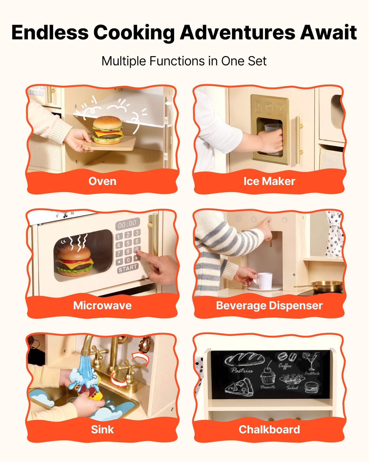 VEVOR Play Kitchen for Kids, Wooden, Kids Kitchen Playset with Realistic Lights & Sounds, Food & Cookware, Modern Style Pretend Play Toy Set, Ice Maker, Microwave, for Toddlers, Girls & Boys Ages 3-8