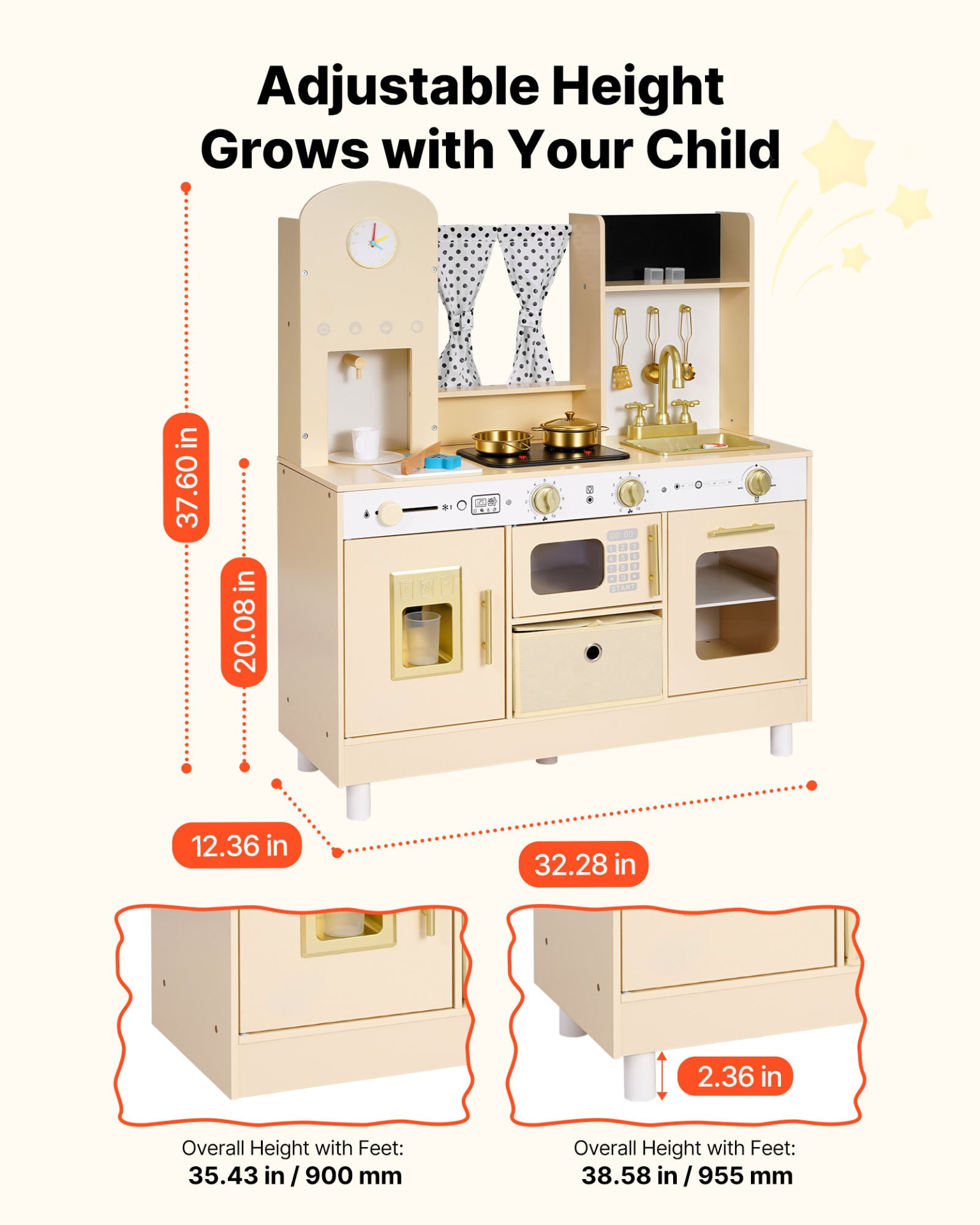 VEVOR Play Kitchen for Kids, Wooden, Kids Kitchen Playset with Realistic Lights & Sounds, Food & Cookware, Modern Style Pretend Play Toy Set, Ice Maker, Microwave, for Toddlers, Girls & Boys Ages 3-8