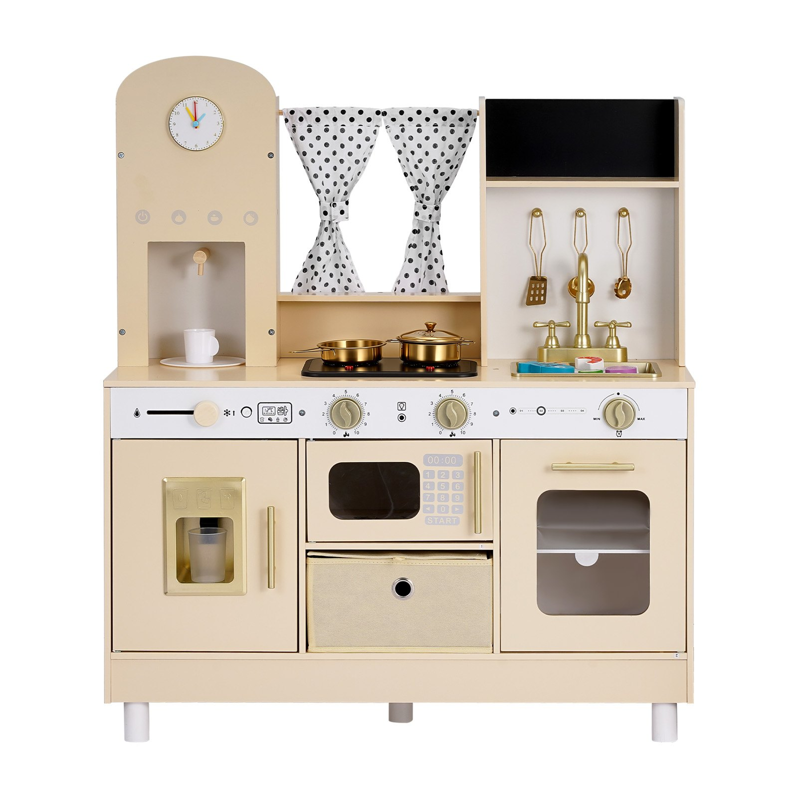 VEVOR Play Kitchen for Kids, Wooden, Kids Kitchen Playset with Realistic Lights & Sounds, Food & Cookware, Modern Style Pretend Play Toy Set, Ice Maker, Microwave, for Toddlers, Girls & Boys Ages 3-8