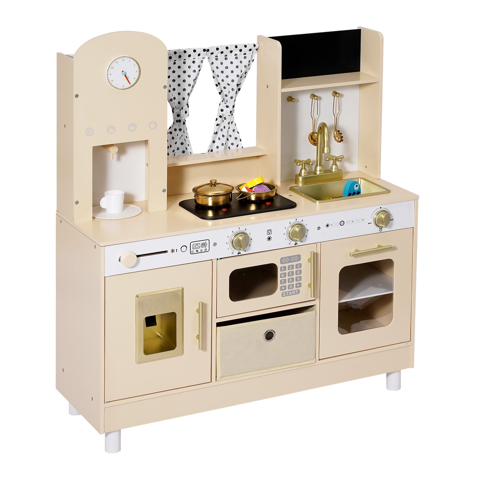 VEVOR Play Kitchen for Kids, Wooden, Kids Kitchen Playset with Realistic Lights & Sounds, Food & Cookware, Modern Style Pretend Play Toy Set, Ice Maker, Microwave, for Toddlers, Girls & Boys Ages 3-8