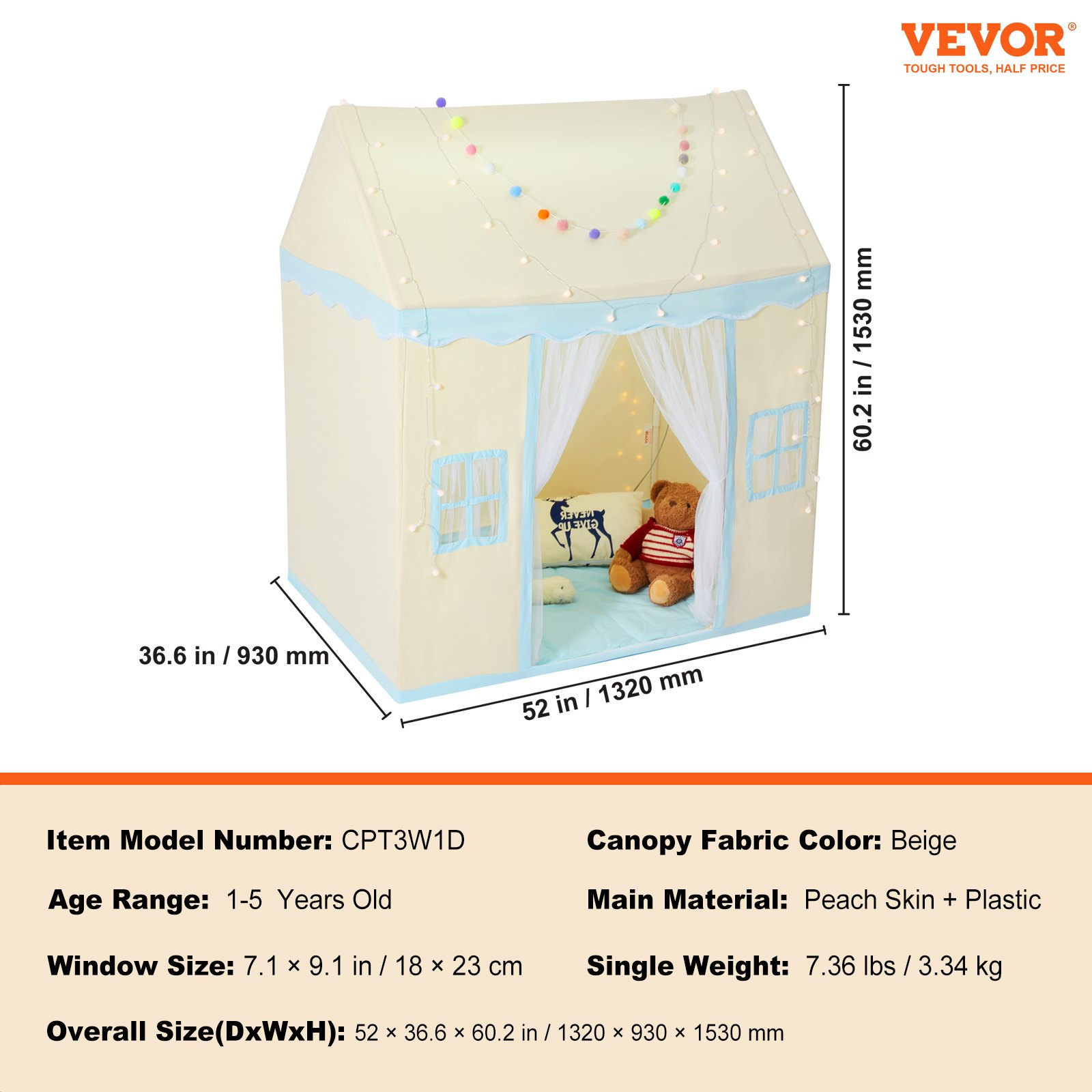 Kids Play Tent, Kids Tent for Kids 1-5 Years Old, Toddler Tent with Mat and Tent Lamp, Tent for Kids with Windows for Indoor and Outdoor, Play House Castle Tent for Boys and Girls, Beige